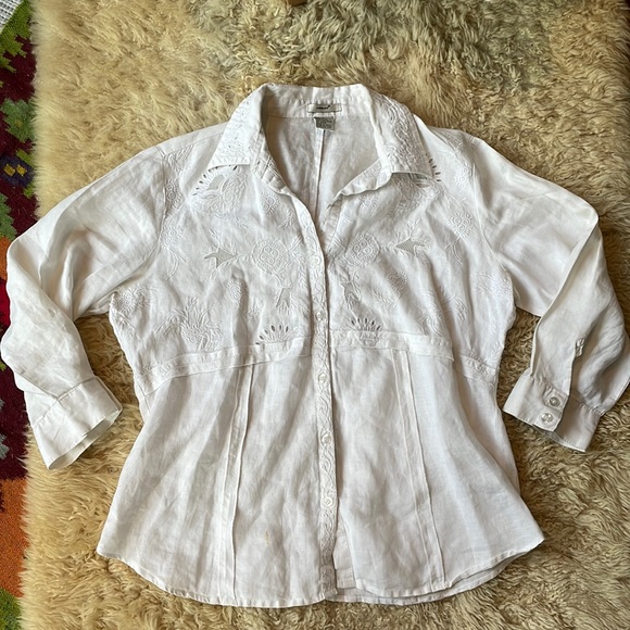 100% linen embroidered button down blouse large - Picture 1 of 11